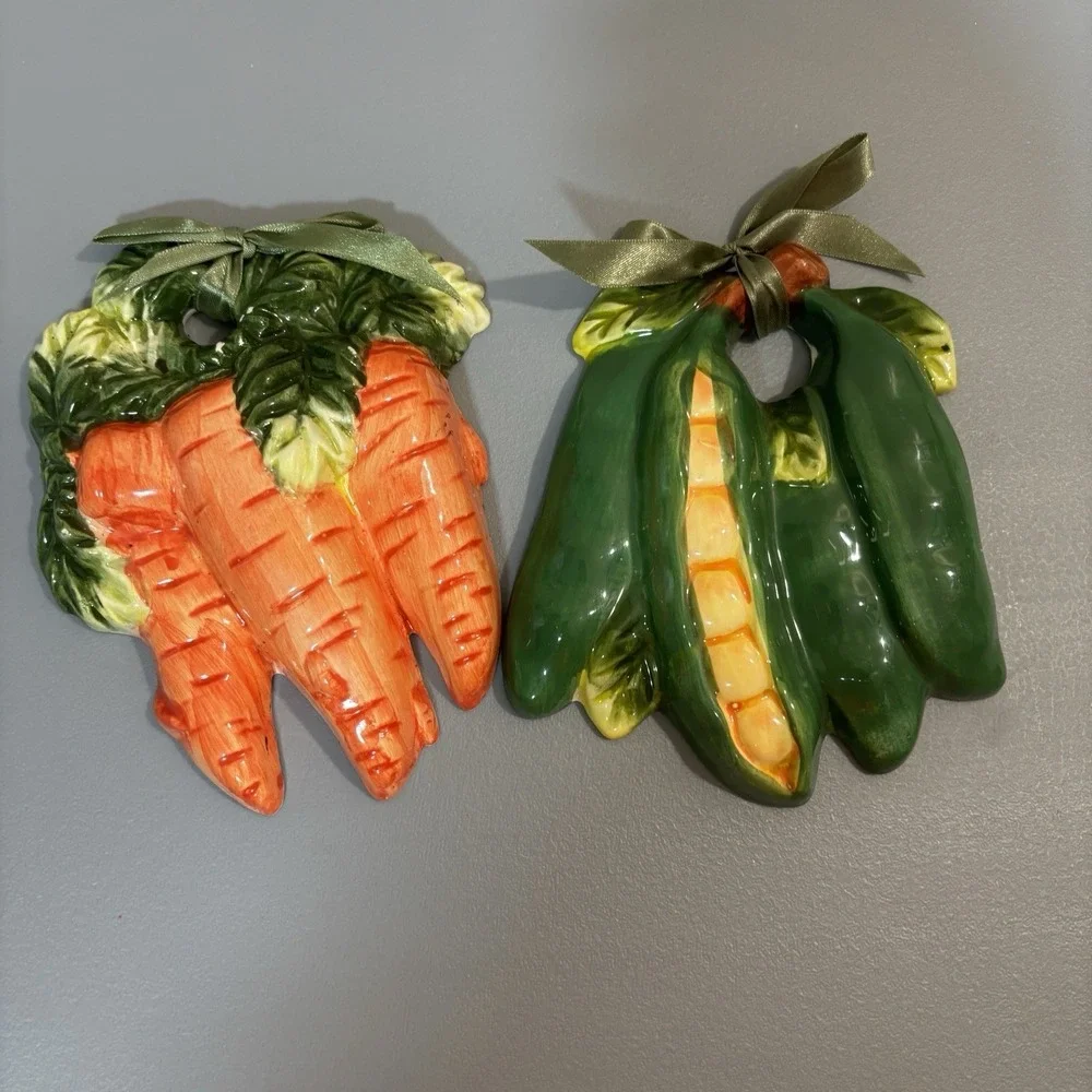 Vegetable Carrot & Corn On Cob Ceramic Kitchen Wall Plaques 2Pc Set With Ribbons